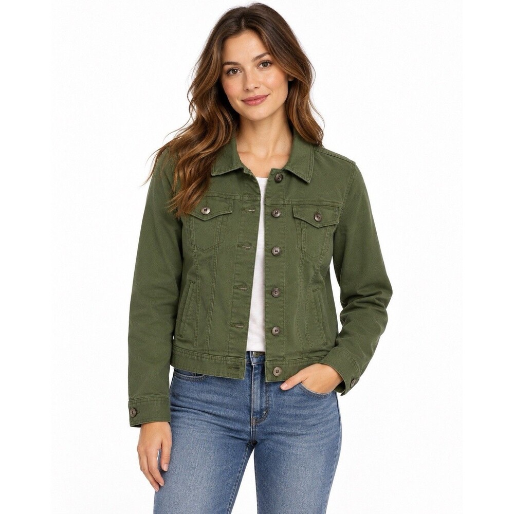 Womens Medium Olive Green Utility Jacket Military Trucker Workwear Casual Canvas